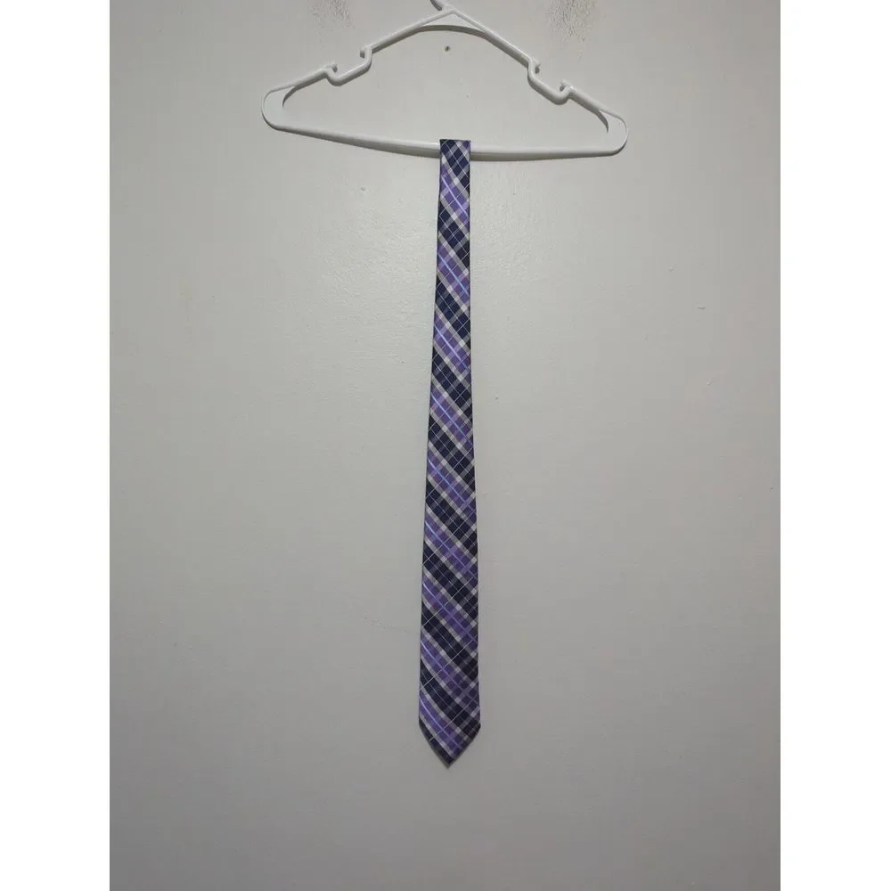 Nautica Mens Plaid Necktie Purple Navy Blue‎ White Check Polyester Tie